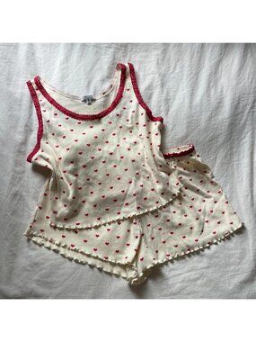 Heart print cotton pajama set with lacy trim